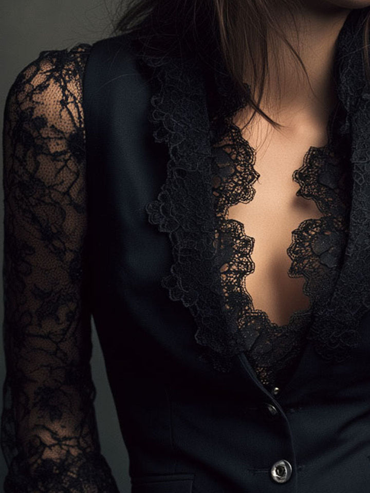 Noémie | Hoher Schwarzer Blazer mit Halbtransparenten Ärmeln