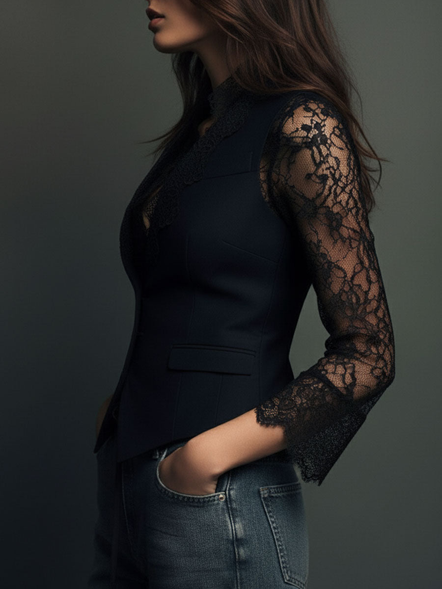 Noémie | Hoher Schwarzer Blazer mit Halbtransparenten Ärmeln