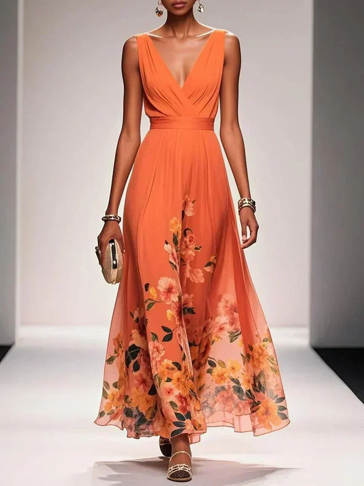 Paula | Maxikleid aus Chiffon mit Blumen hellblau und V-Ausschnitt