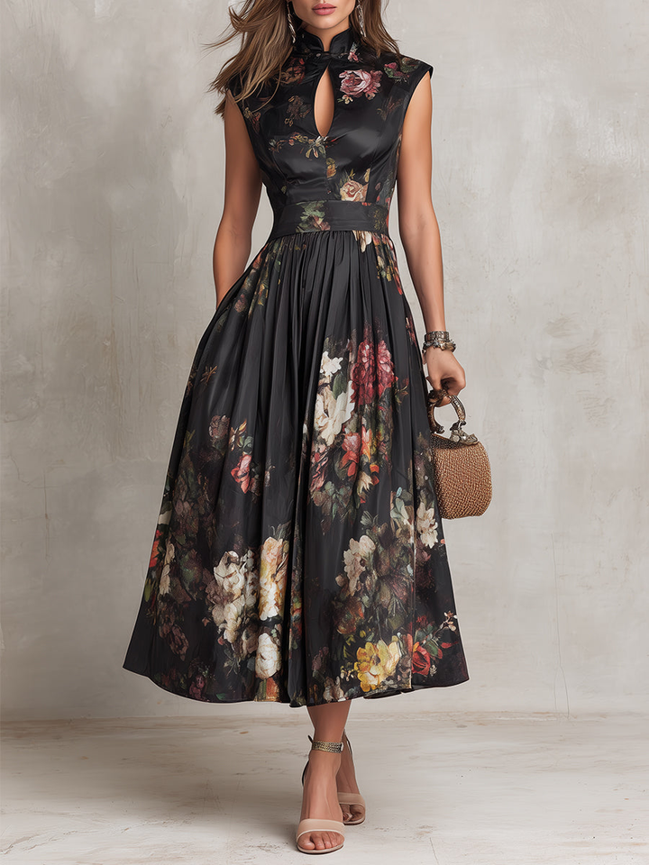 Greta | Midikleid plissiert aus Satin mit Blumenmuster schwarz