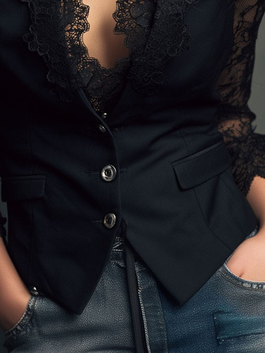 Noémie | Hoher Schwarzer Blazer mit Halbtransparenten Ärmeln
